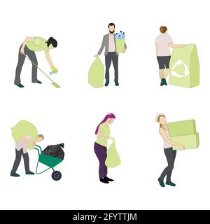 Woman man collect waste and garbage, pick up trash in packet. Illustration cleaning garbage and trash, waste collecting and pick up, safe ecology and Stock Vector