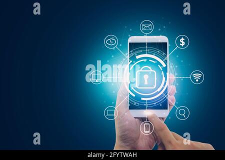 Hand of businessman holding smart phone while cyber security with access, data and privacy with protection digital with smartphone, innovation of syst Stock Photo