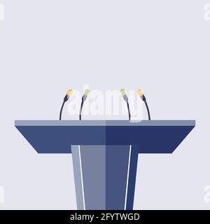 Tribune with microphone for press conference and announce. Journalist press and microphone, conference interview, journalism and mass news, vector ill Stock Vector
