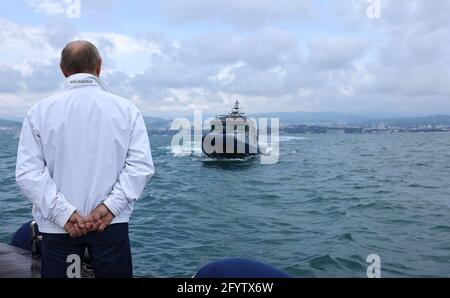 Sochi, Russia. 29th May, 2021. Russian President Vladimir Putin waits on the deck of a yacht to welcome Belarus President Alexander Lukashenko on the Black Sea May 29, 2021 in Sochi, Russia. Credit: Planetpix/Alamy Live News Stock Photo