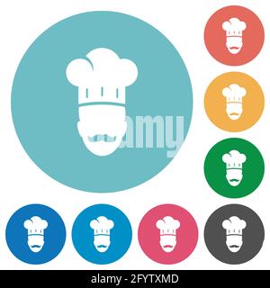 Master chef with mustache flat white icons on round color backgrounds Stock Vector