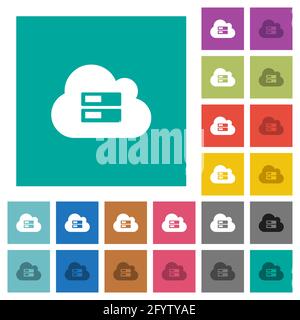 Cloud storage multi colored flat icons on plain square backgrounds. Included white and darker icon variations for hover or active effects. Stock Vector