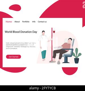 World blood donation day landing page website. Vector blood donate for medical center, donor people help for healthcare illustration Stock Vector