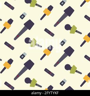 Microphone and report journalist seamless pattern. News pattern, concept journalism, mic backdrop and recording device illustration, vector communicat Stock Vector