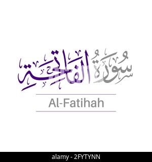 The name of surah of the Holy Quran, [Surah Al-Fatihah] Translation chapter The Opener Arabic calligraphy greeting card. Stock Vector