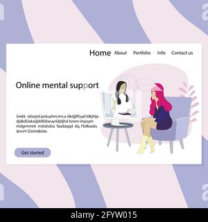 Online therapy psychology landing page, virtual session mental, helpline support, counseling and advice, consultation remote. Vector illustration Stock Vector