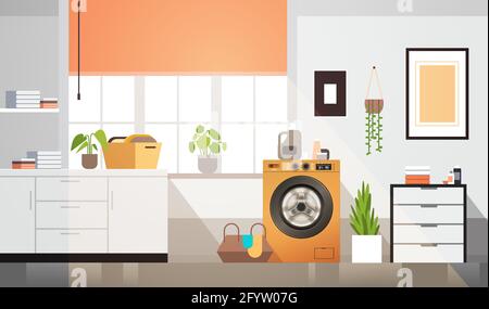 interior of laundry room with washing machine electric washer home appliance concept horizontal Stock Vector