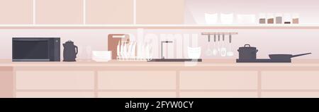 modern kitchen interior empty no people house room with furniture horizontal Stock Vector