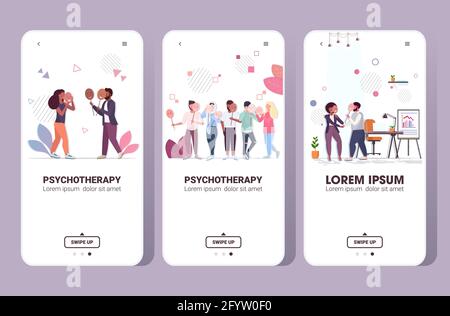 set depressed people covering face emotions behind positive mask insincerity in business mental disorder Stock Vector