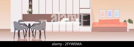 modern kitchen interior empty no people house room with furniture horizontal Stock Vector