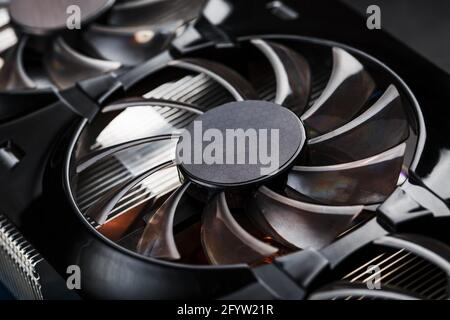 Video card cooling system cooler close-up. Progressive cooling system for the video chip, processor and memory. Stock Photo