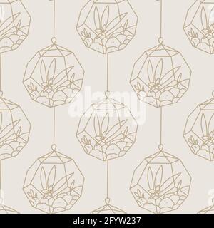 Seamless succulent and cactus plants seamless pattern. Vector tropical illustration of desert flowers in terrarium. Hand drawn line doodle nature print. Stock Vector