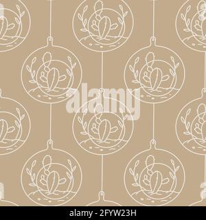 Seamless succulent and cactus plants seamless pattern. Vector tropical illustration of desert flowers in terrarium. Hand drawn line doodle nature print. Stock Vector