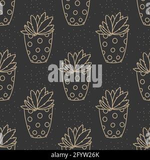 Seamless succulent and cactus plants seamless pattern. Vector tropical illustration of desert flowers in a pot. Hand drawn line doodle nature print. Stock Vector