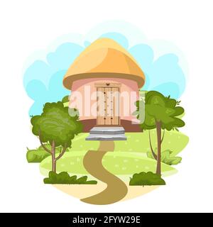 Fabulous funny house in clearing. Straw roof. Grass meadow. Beautiful cartoon landscape illustration. Wooden door. Isolated Vector Stock Vector