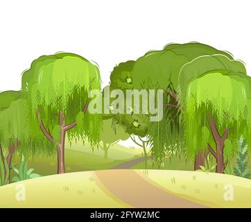 Forest road. Summer landscape. Dense foliage. View of hills and green trees. Nature illustration. Cartoon flat style. Light foggy thickets. Isolated Stock Vector