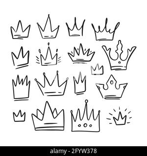 Doodle black simple crown queen sketch set. King icon illustration design. Vector princess graphic. Stock Vector