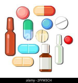 Medicines. Illustration with bottles tablets capsules ampoules. Medicinal drugs. Pharmaceuticals.Ambulance. Pharmacy. Isolated on white background. Stock Vector