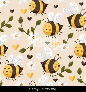 Cartoon bee cute vector seamless pattern. Festive insect and daisy flower summer kids wallpaper design. Stock Vector