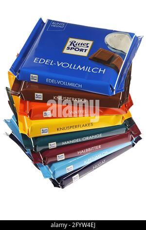 Ritter Sport chocolate bars isolated on white background Stock Photo