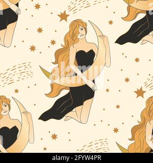Celestial woman and moon esoteric golden seamless pattern. Boho astronomy astrology lunar magic background. Stock Vector