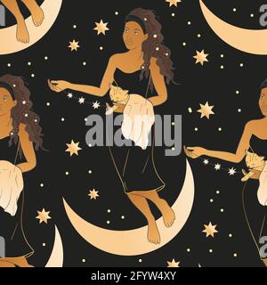 Celestial African American woman with moon and cat esoteric golden seamless pattern. Boho astronomy astrology lunar magic background. Stock Vector