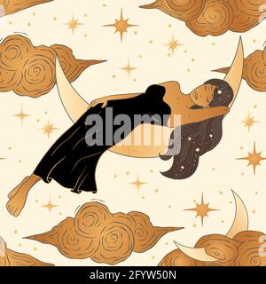 Celestial African American woman and moon esoteric golden seamless pattern. Boho astronomy astrology lunar magic background. Stock Vector