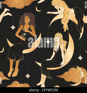 Celestial African American woman and moon esoteric golden seamless pattern. Boho astronomy astrology lunar magic background. Stock Vector