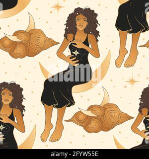 Celestial African American woman and moon esoteric golden seamless pattern. Boho astronomy astrology lunar magic background. Stock Vector