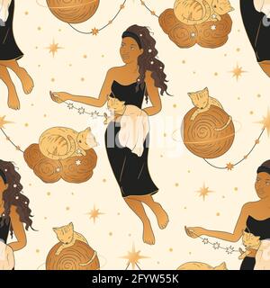 Celestial African American woman with moon and cat esoteric golden seamless pattern. Boho astronomy astrology lunar magic background. Stock Vector