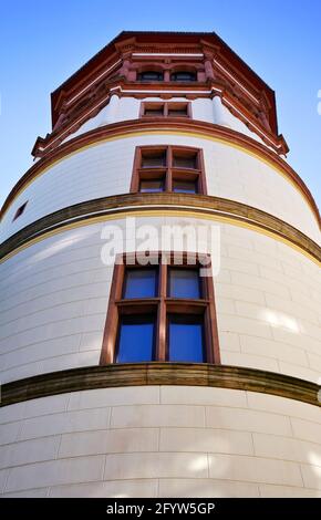 The ancient castle tower in Old Town Düsseldorf, a popular tourist attraction. There is a museum and a café inside. Stock Photo