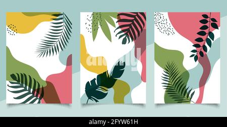 Set of cover brochure template organic shape natural tropical leaves on white background. Vector illustration Stock Vector