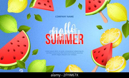 Summer bright banner with ripe fruit and red piece of watermelon on a stick in paper style Stock Vector