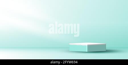 3D realistic white and green mint color cube platform podium with window lighting minimal wall scene background. You can use for show cosmetic product Stock Vector