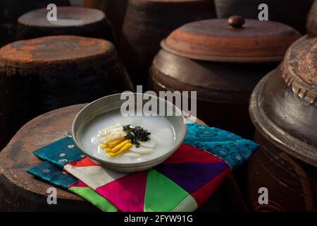 Rice cake soup,Tteokguk, Korean traditional food for New Year's breakfast. Stock Photo