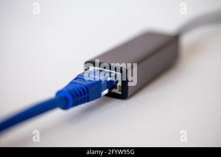 Ethernet laptop adapter - type C on a white background. Stock Photo