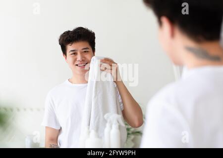 Perfect skin and male beauty care at home during covid Stock Photo