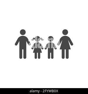 Family with kids black vector icon. Mother, father with children, son and daughter symbol. Stock Vector