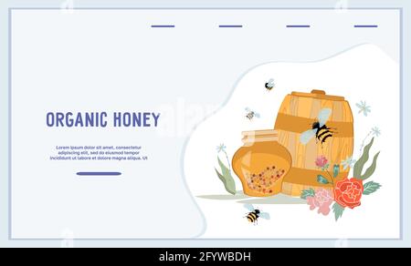 Organic honey website banner template with barrel and jar of honey, flat vector illustration. Landing page and website interface for honey and beekeep Stock Vector