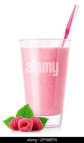 raspberry smoothie with straw in glass isolated on white