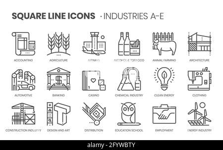 Industries related, square line vector icon set for applications and website development. The icon set is pixelperfect with 64x64 grid. Crafted with p Stock Vector