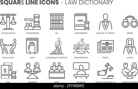 Law dictionary related, square line vector icon set for applications and website development. The icon set is editable stroke, pixel perfect and 64x64 Stock Vector