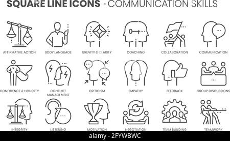 Communication skills related, square line vector icon set for applications and website development. The icon set is pixelperfect with 64x64 grid. Craf Stock Vector