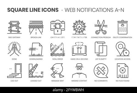 Web notifications related, square line vector icon set for applications and website development. The icon set is pixelperfect with 64x64 grid. Crafted Stock Vector
