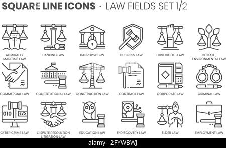 Law fields related, square line vector icon set for applications and website development. The icon set is editable stroke, pixel perfect and 64x64. Cr Stock Vector