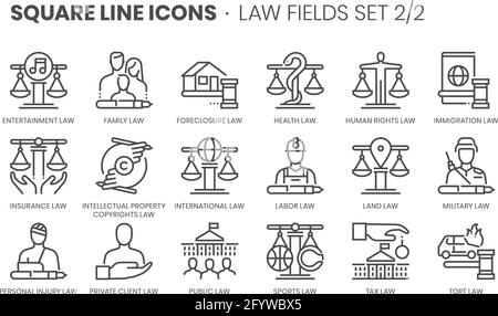 Law fields related, square line vector icon set for applications and website development. The icon set is editable stroke, pixel perfect and 64x64. Cr Stock Vector