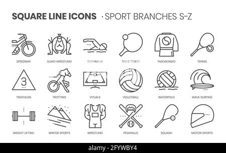 Sport branches related, square line vector icon set for applications and website development. The icon set is pixelperfect with 64x64 grid. Crafted wi Stock Vector