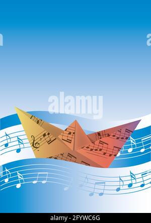 Origami boat with musical notes on musical waves. Illustration , poetic motif Useful for music events. Vector available. Stock Vector