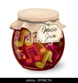 Music jam, jam session, Funny vintage concept.  Illustration of jam glass jar with music notes 3d symbols and label with text Music Jam. Stock Vector