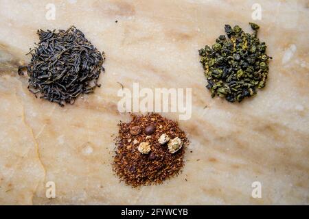 assorted Chinese tea. three types of tea in the background. Stock Photo